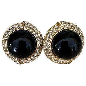 Vintage Ciner Clip on Earrings Gold Black Onyx Rhinestone Costume Statement